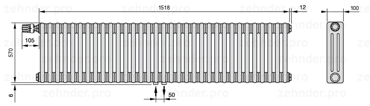 Схема (чертеж) Радиатор Zehnder Charleston 3057/33 №V007 Technoline TL